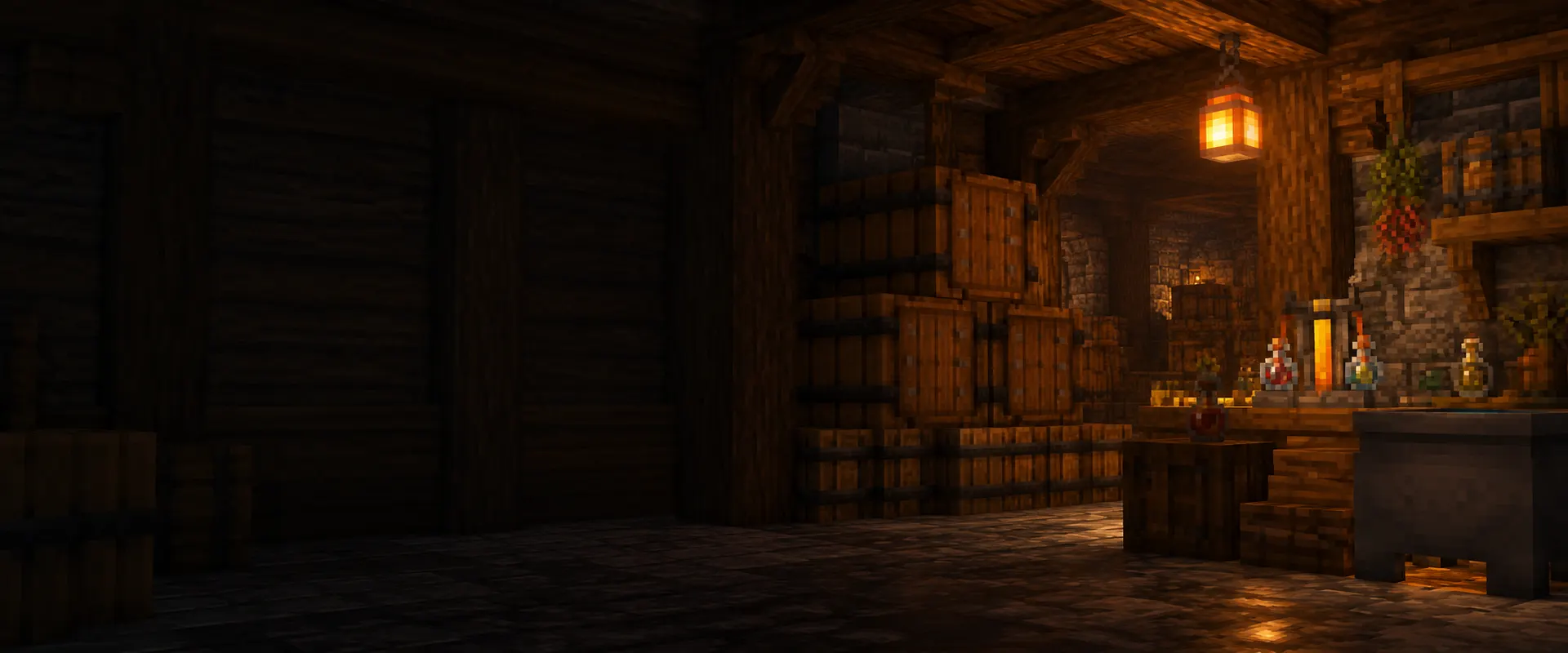A tavern cellar with barrels, a hanging lantern and a brewing stand.
