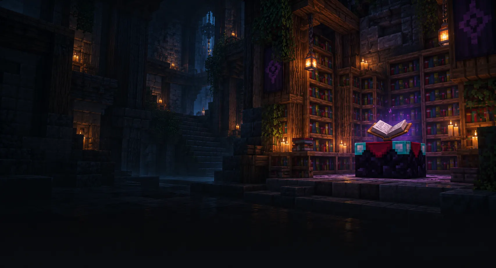 A candlelit library with tall shelves of old books.