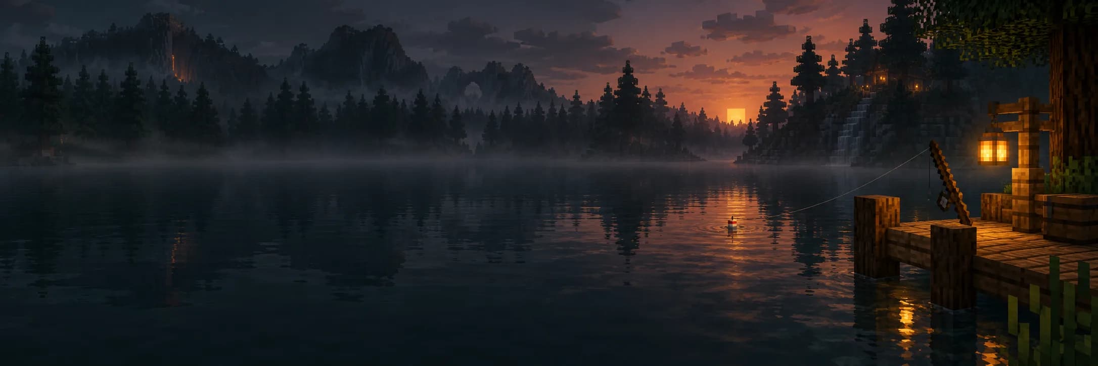 A quiet lake at dusk with a dock and warm lights along the shore.