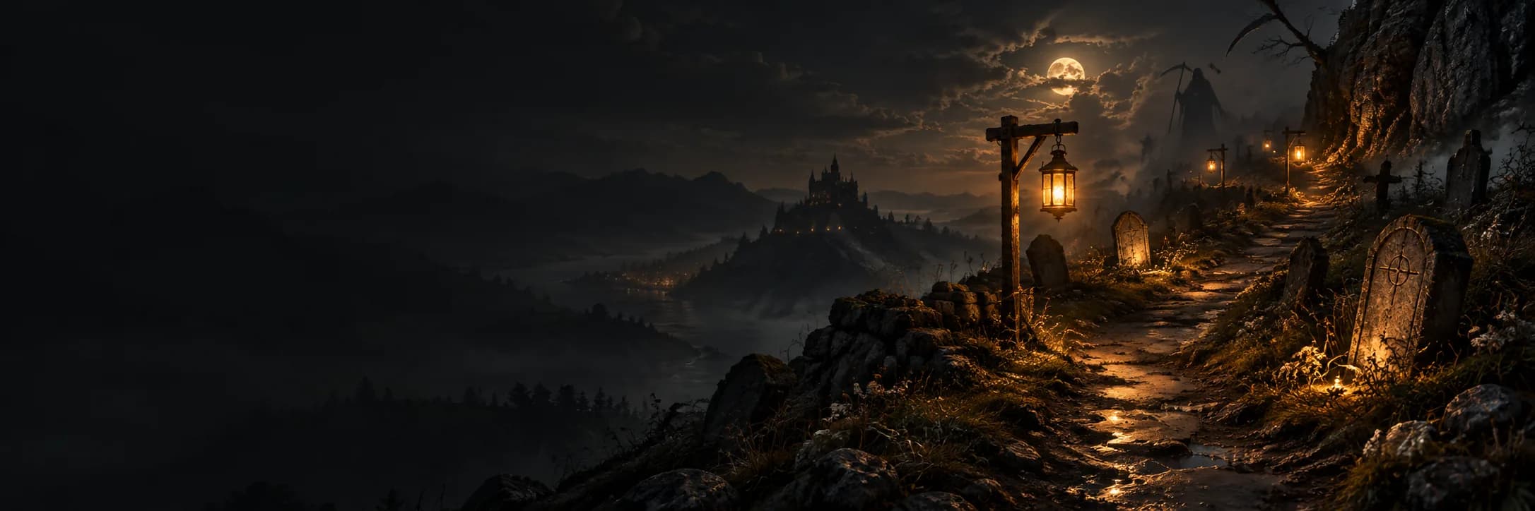Lanterns light a path past old gravestones on a hill at night, with a castle in the valley below.