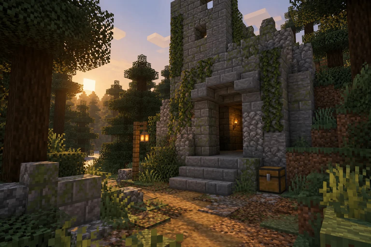 A mossy ruin in the woods, lantern lit and a chest by the steps
