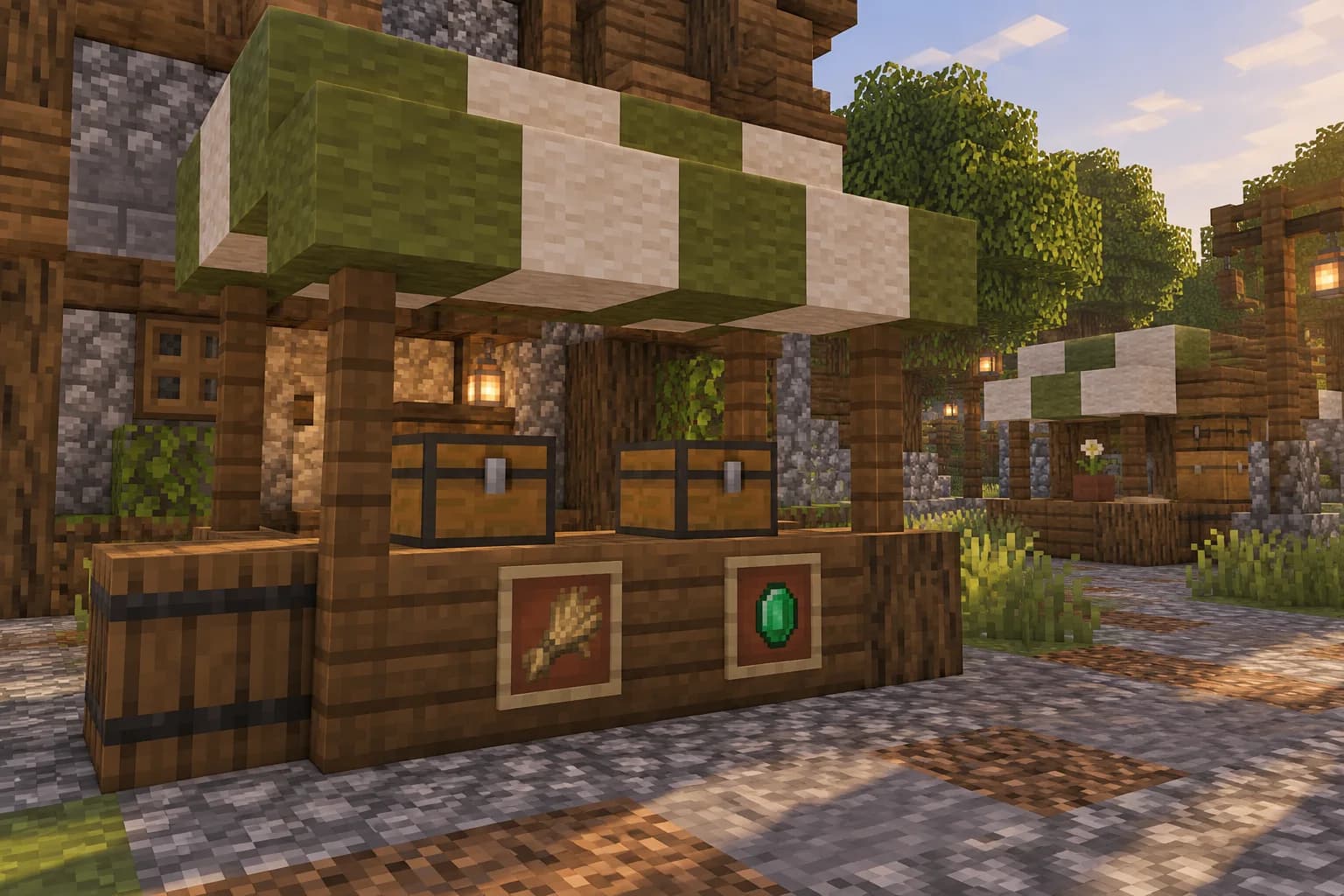 A player market stall, chests open under an awning