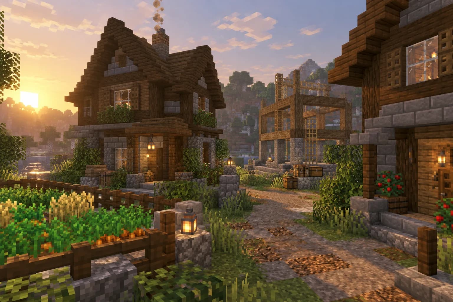 Player houses and a lantern-lit garden path at sunset